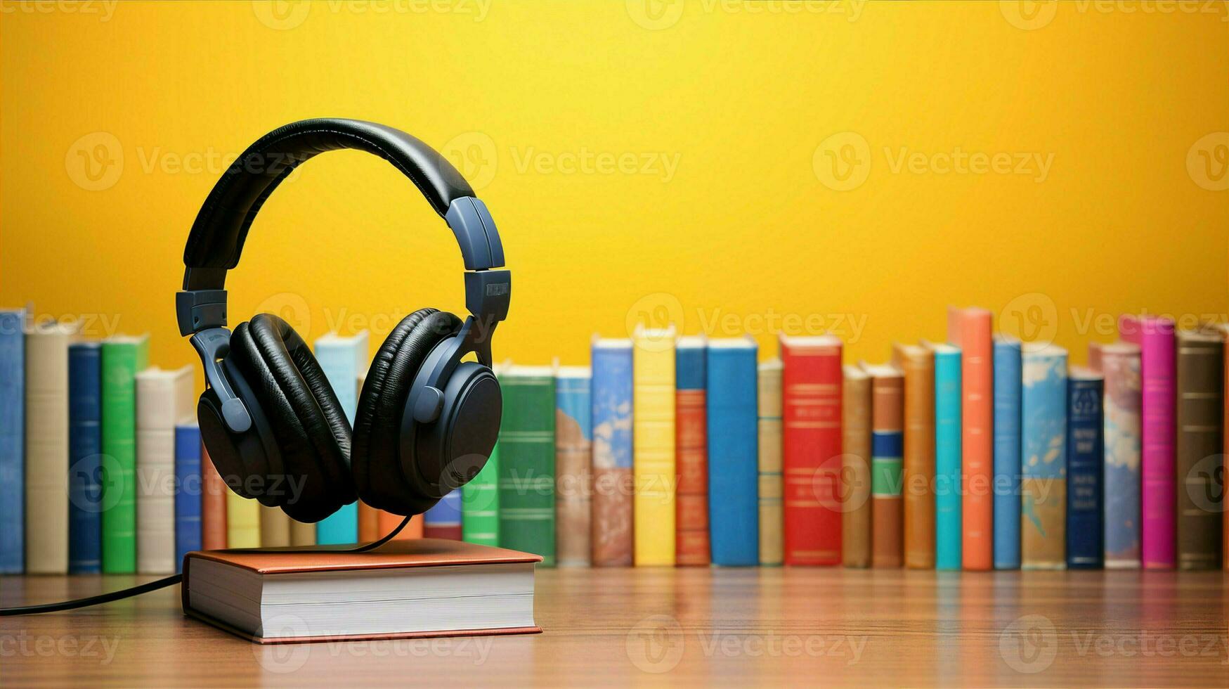 Headset and book on table, audiobook and education concept. Generative AI photo