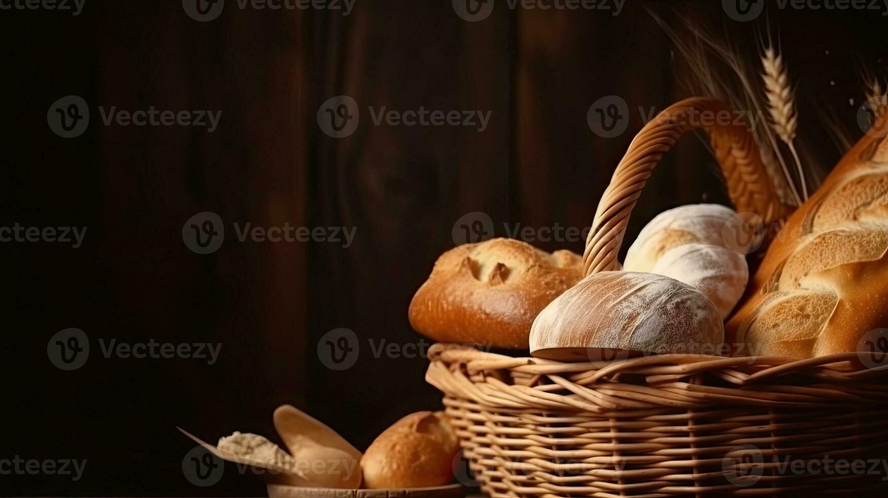 A basket of freshly baked bread. Web banner with copy space. Generative AI photo