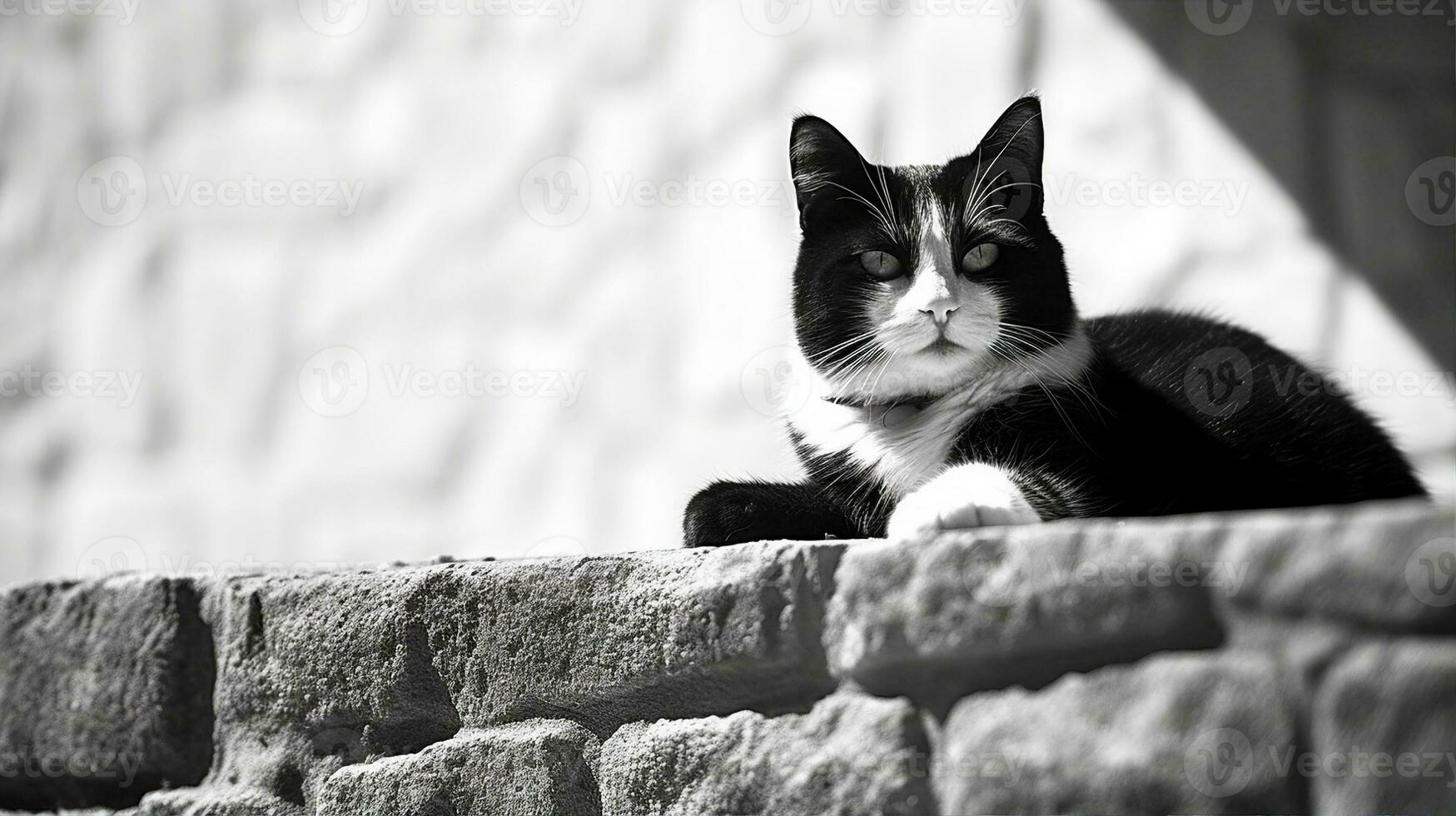 Black and white tuxedo cat lounging lazily on a stone wall, basking in the late afternoon sun. Generative AI photo