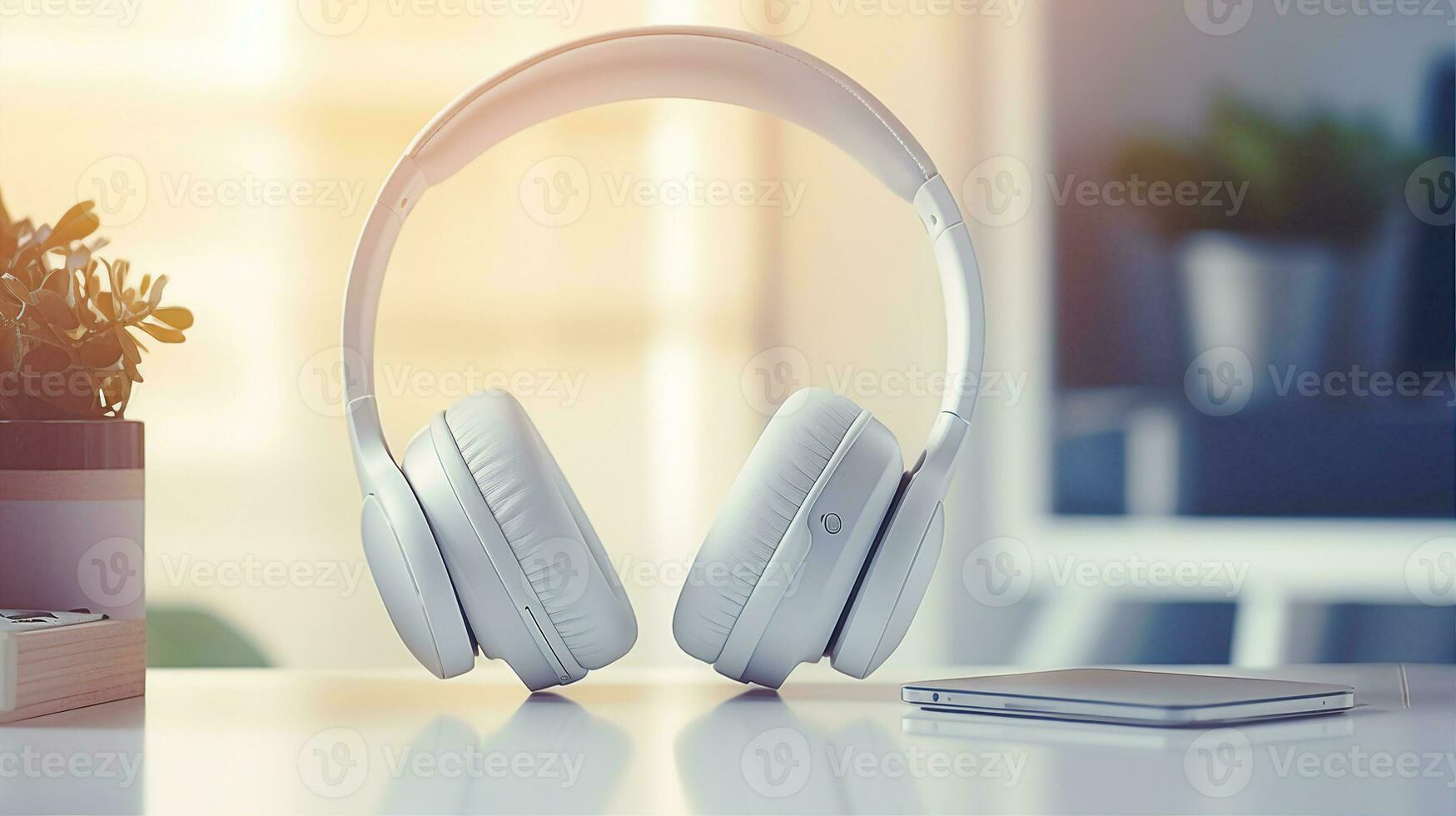 Banner features minimalist white headphones on a clean desk with soft light, hinting at the clarity of sound. Generative AI photo