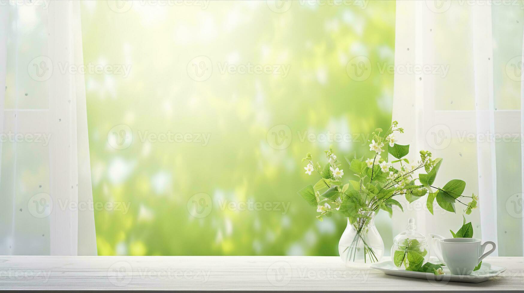 Window, plant on white wooden windowsill, blur summer background. Generative AI photo