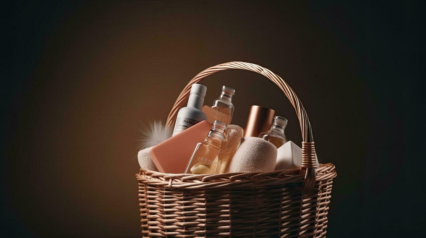 A basket of beauty products. Web banner with copy space. Generative AI photo