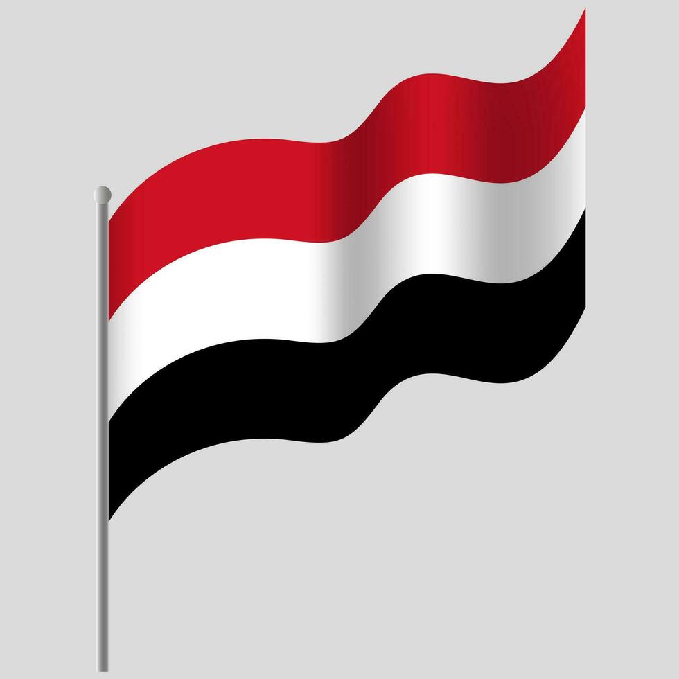 Waved Yemen flag. Yemen flag on flagpole. Vector emblem of Yemen