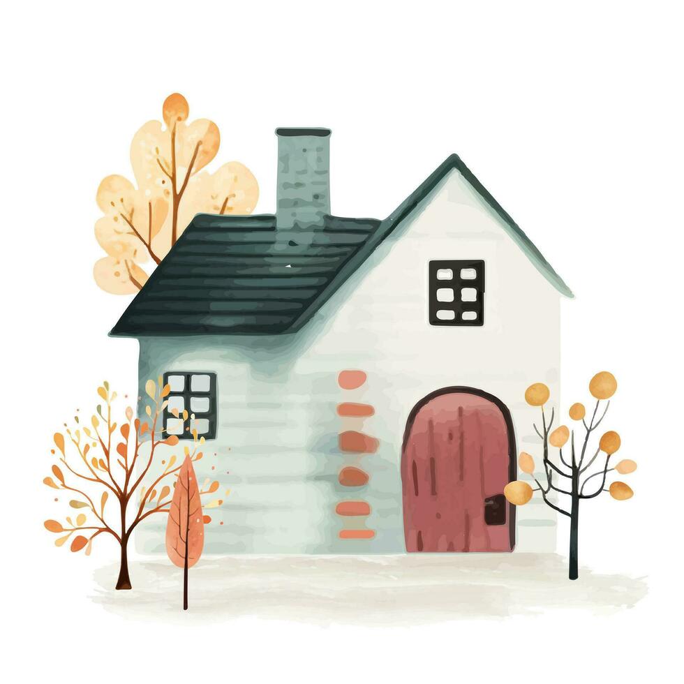 Cute Scandi watercolor home. European house and trees. European building exterior. Childish vector illustration