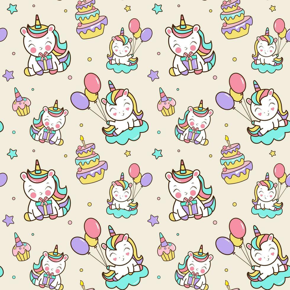 Seamless pattern with unicorns, cakes, stars, confetti. Vector background in cartoon style for birthaday party.