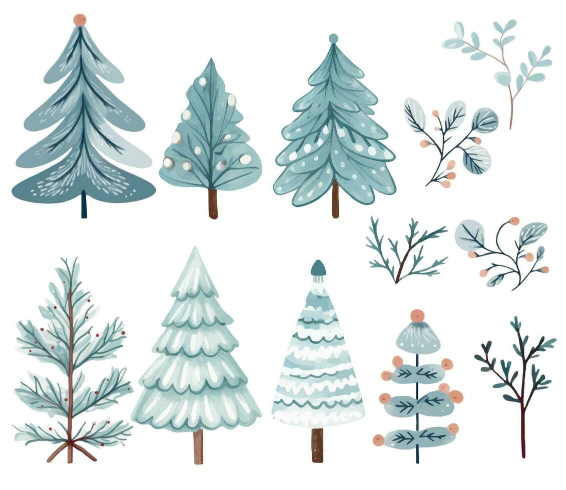 Set of watercolor scandinavian trees. Cute christmas trees. Trendy scandi vector plants.