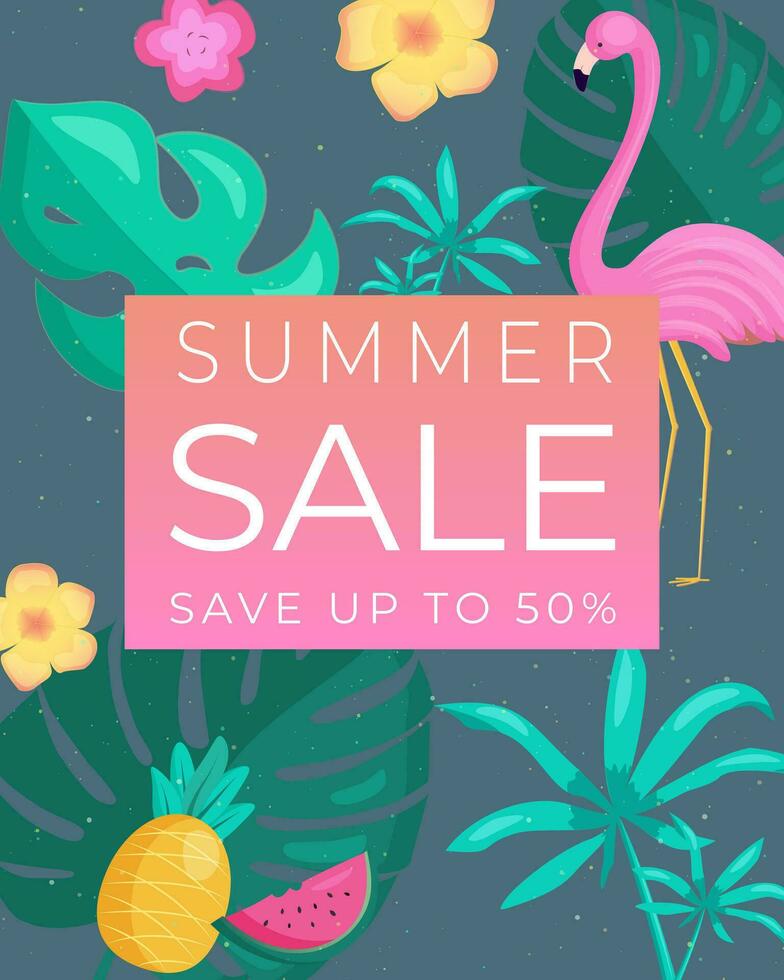 Summer sale banner in bright colors with tropical leaves and discount text. Template for design poster, banner, invitation, voucher. Promo discount season offer. vector