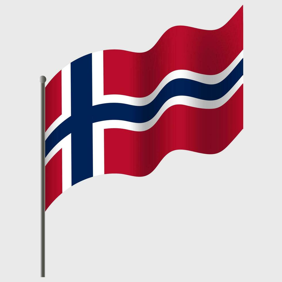 Waved Norway flag. Norwegian flag on flagpole. Vector emblem of Norway