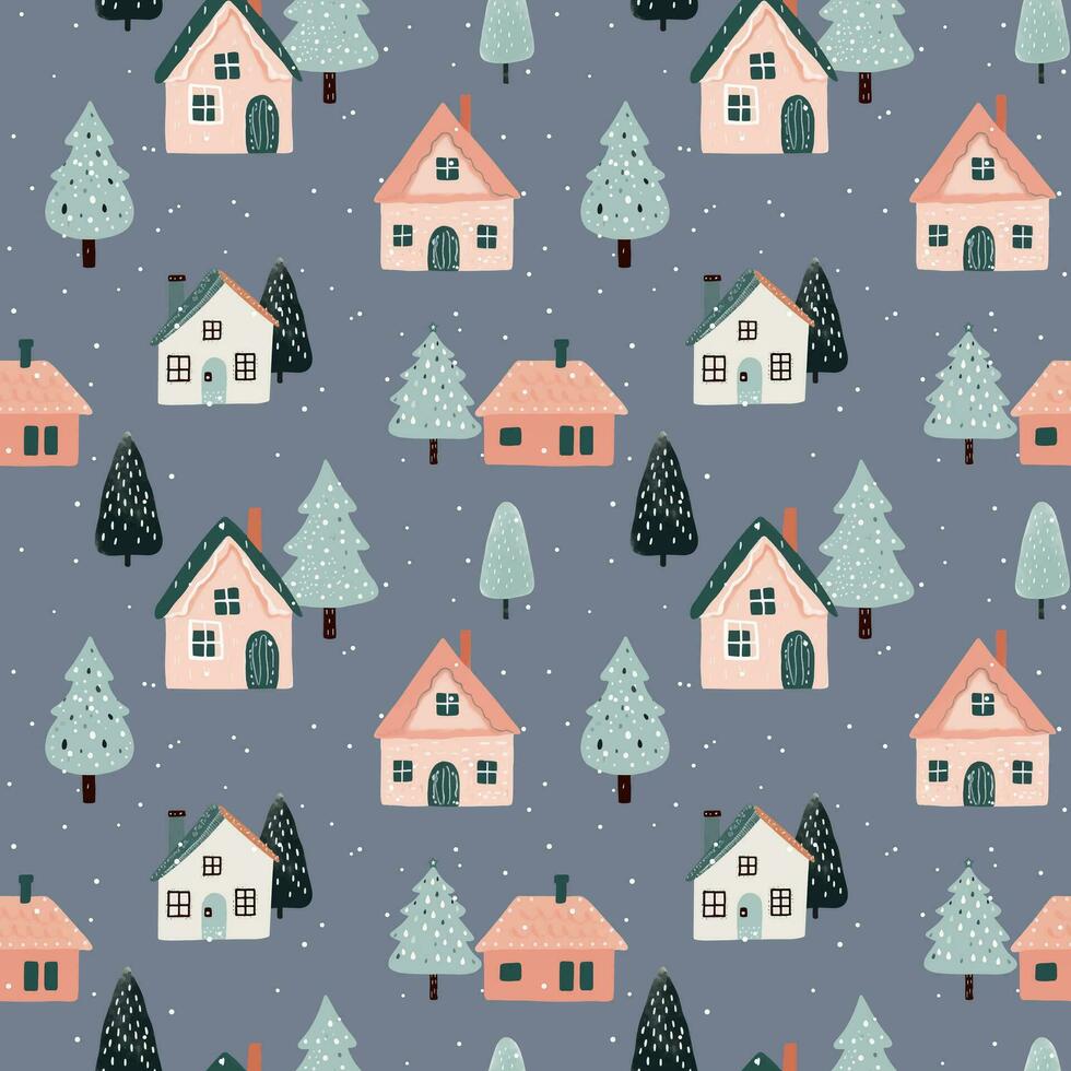 Seamless pattern with doodle girl, house and tree. Vector hand drawn christmas elements. Winter background