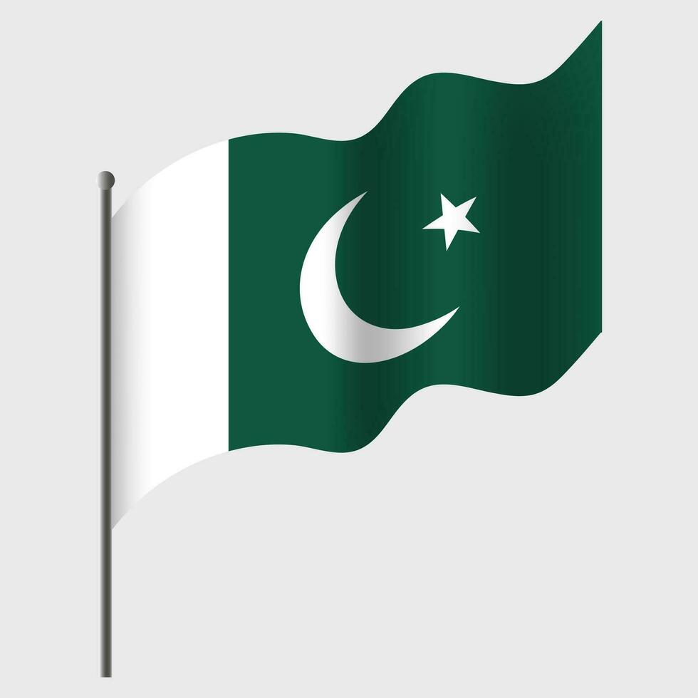 Waved Pakistan flag. Pakistani flag on flagpole. Vector emblem of Pakistan