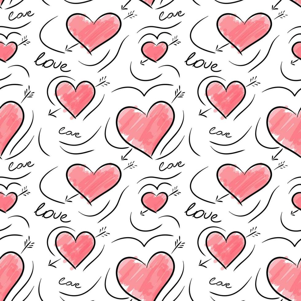 Doodle background with hearts. Love seamless vector pattern. Hand drawn hearts.