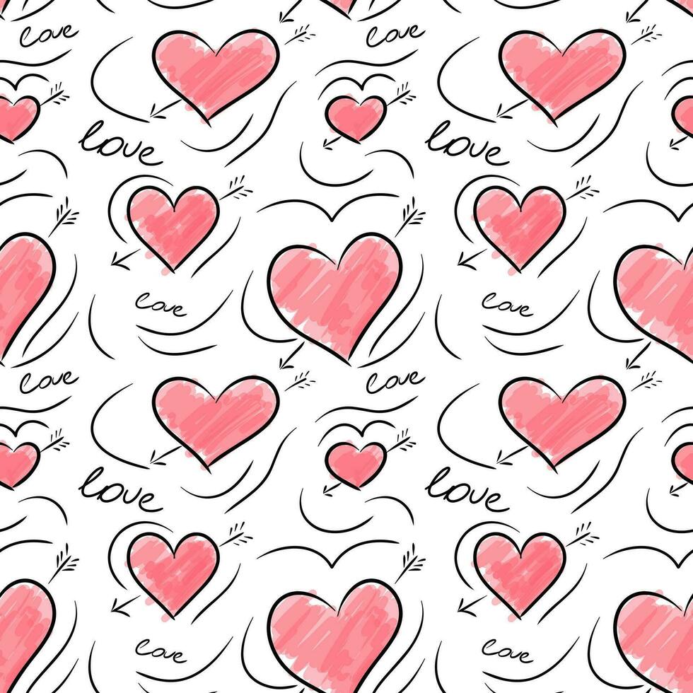 Doodle background with hearts. Love seamless vector pattern. Hand drawn hearts.