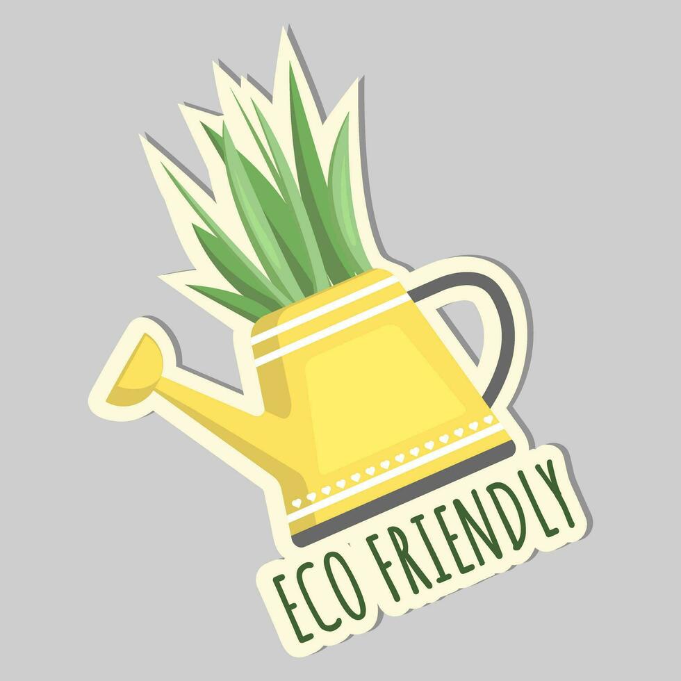 Ecology sticker with watering can and text eco friendly. Love our earth, save planet. Eco labels. Care for nature vector