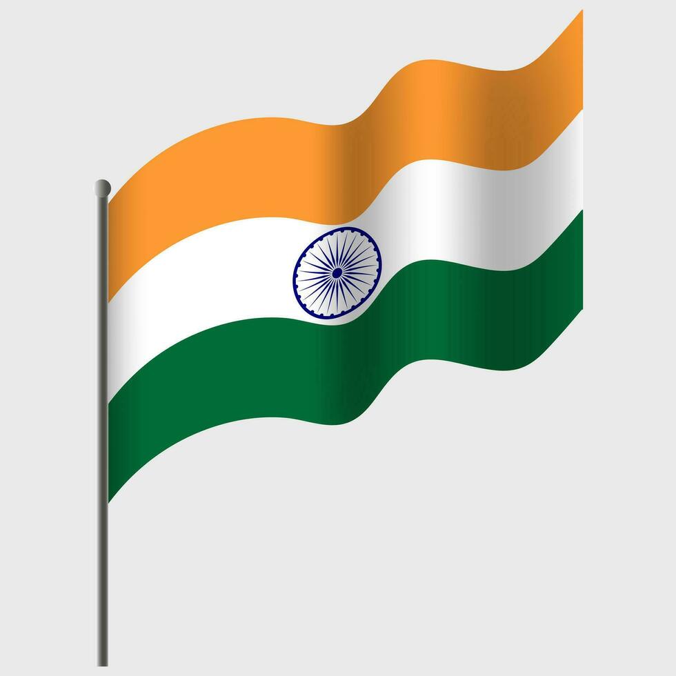 Waved India flag. Indian flag on flagpole. Vector emblem of India