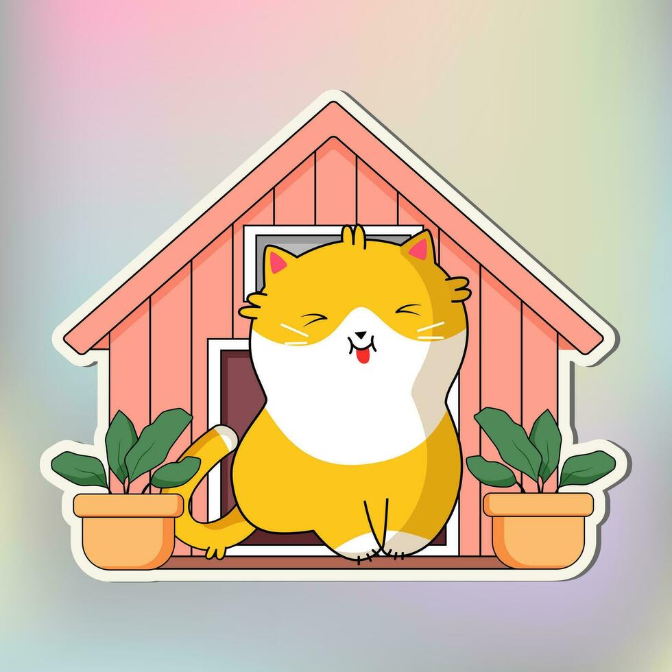 Cute cat in kawaii style. Cartoon cat sitting near the house. Vector illustration cat.