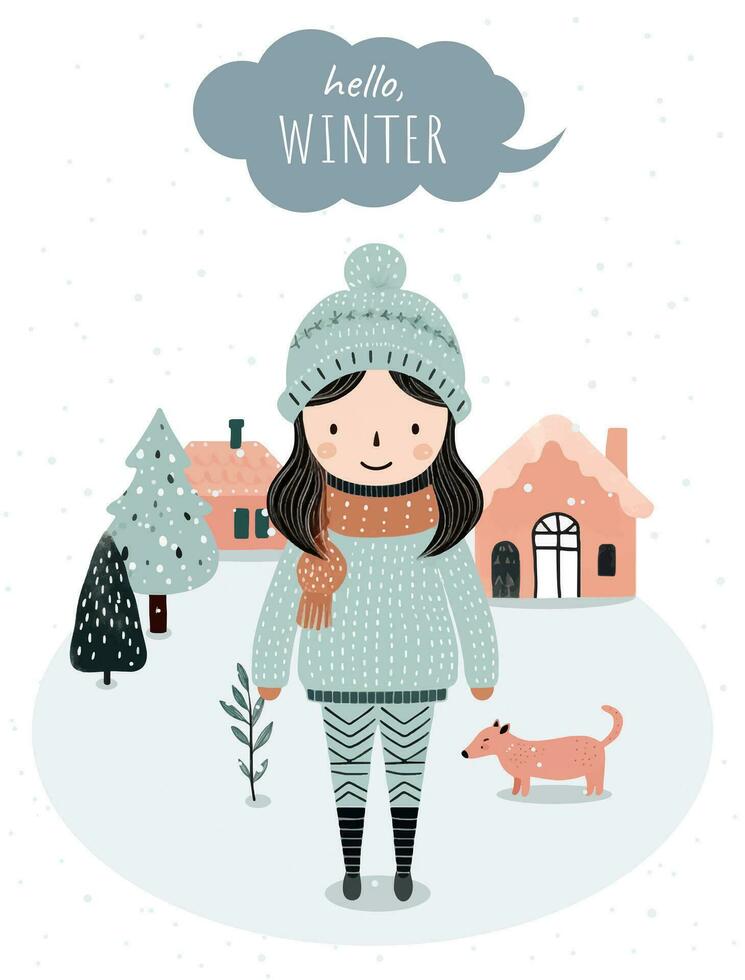 Hand drawn winter poster with girl, snowy trees, house. Wnter christmas card for event invitation, voucher, social media. Wintry scenes. vector
