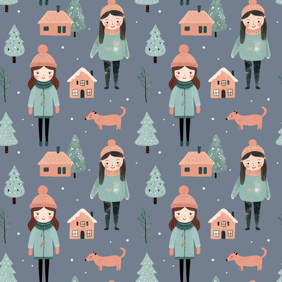 Seamless pattern with doodle girl, house and tree. Vector hand drawn christmas elements. Winter background