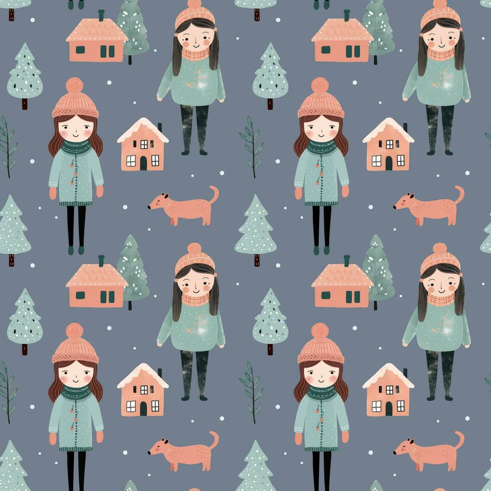 Seamless pattern with doodle girl, house and tree. Vector hand drawn christmas elements. Winter background