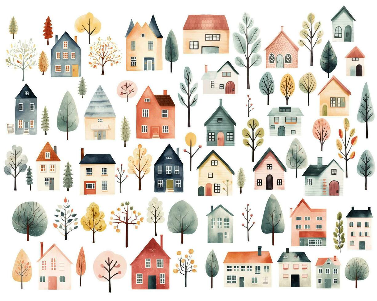 Big set of watercolor scandinavian houses. Cute childish buildings and trees isolated. Trendy scandi vector background
