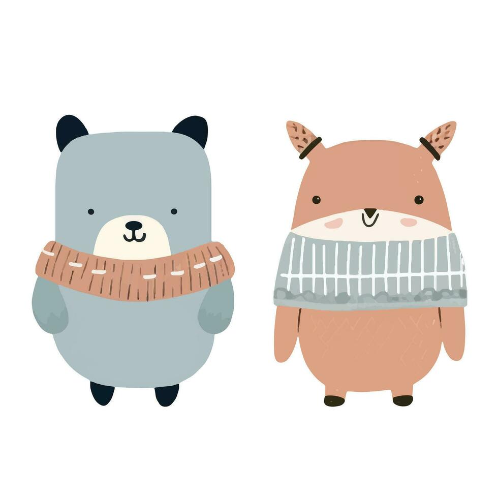 mano dibujado garabatear animales linda escandinavo animales en invierno ropa. invierno bosque vector ilustración