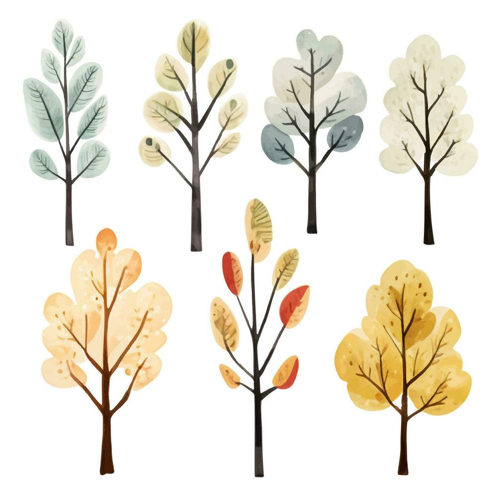 Set of watercolor trees. Scandinavian vector trees. Vector trees collection