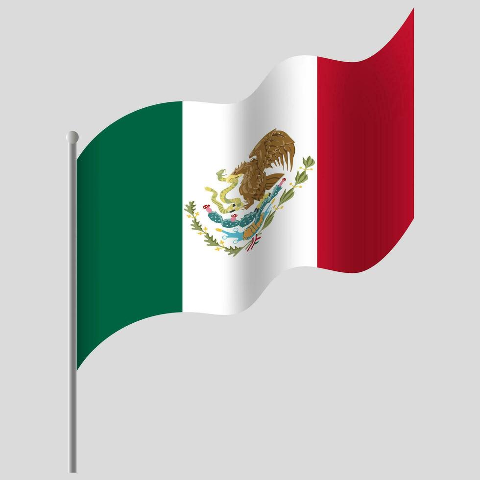 Waved Mexico flag. Mexican flag on flagpole. Vector emblem of Mexico