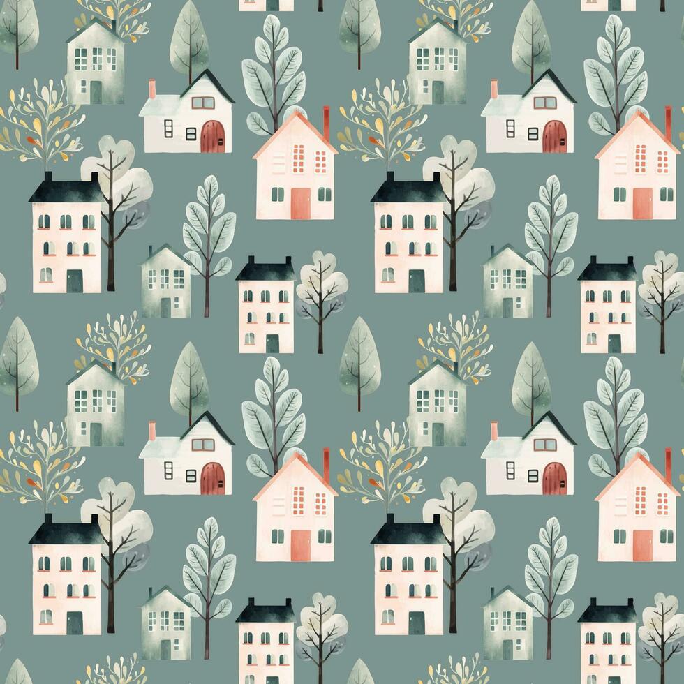 Scandinavian buildings seamless pattern. Cute watercolor houses and trees. Trendy scandi vector background