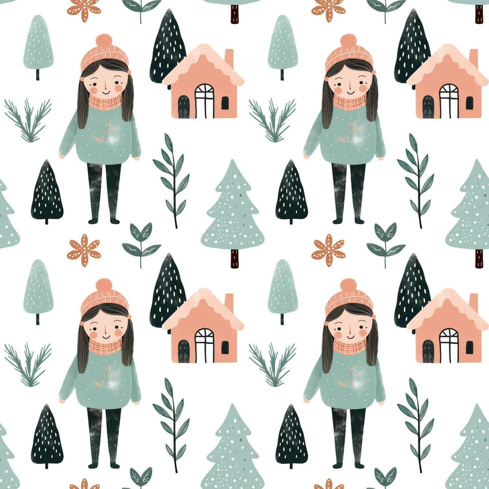 Seamless pattern with doodle girl, house and tree. Vector hand drawn christmas elements. Winter background