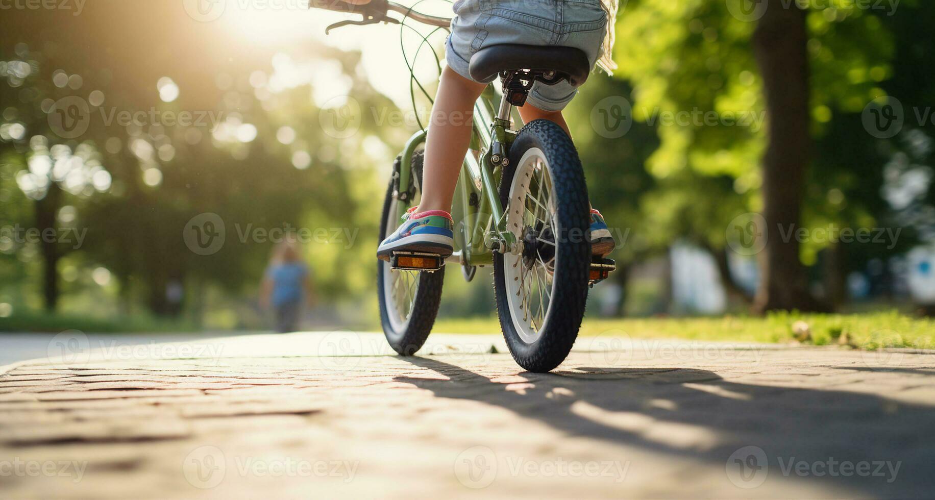 Child learning to ride a bicycle, guardian hands supporting from behind, the thrill of balance. Generative AI photo