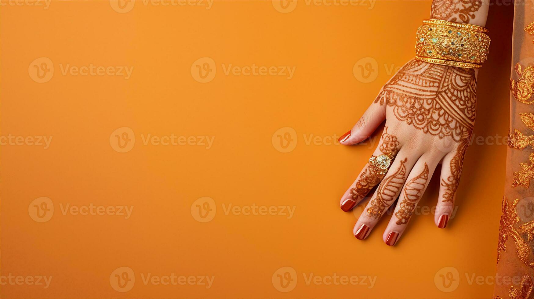 Enthralling banner displaying a woman's hand with intricate henna designs, holding ethnic jewelry against a silk backdrop. Generative AI photo