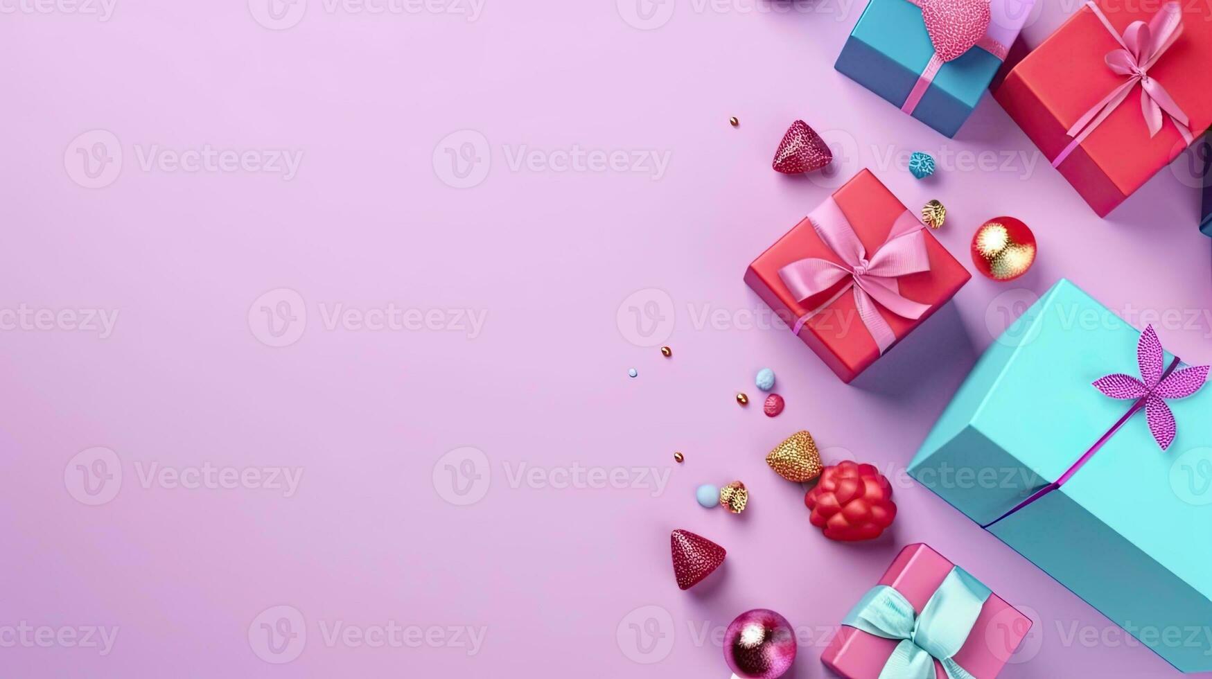 A collection of small gifts arranged in a decorative way. Web banner with copy space. Generative AI photo