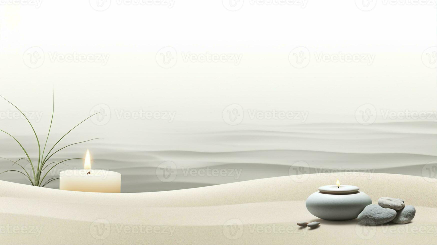 Banner displays a zen garden scene, sand, stones in harmonious patterns, a rake, and candles on the side. Generative AI photo