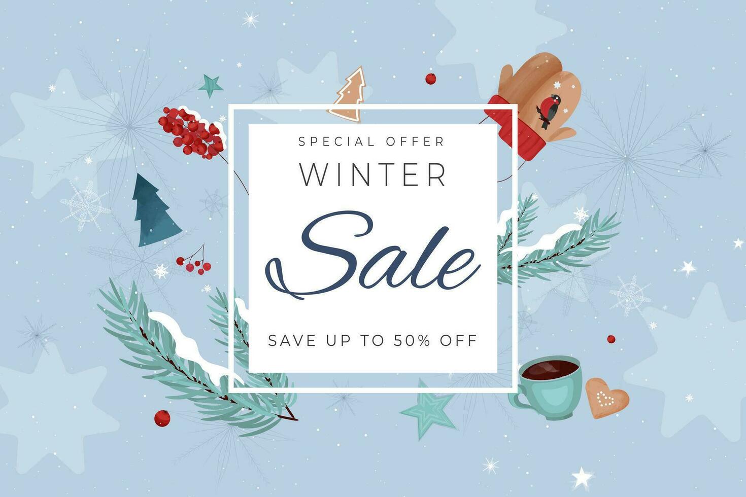 Winter sale banner with discount text. Template for design poster, banner, invitation, voucher. Promo discount season offer. vector