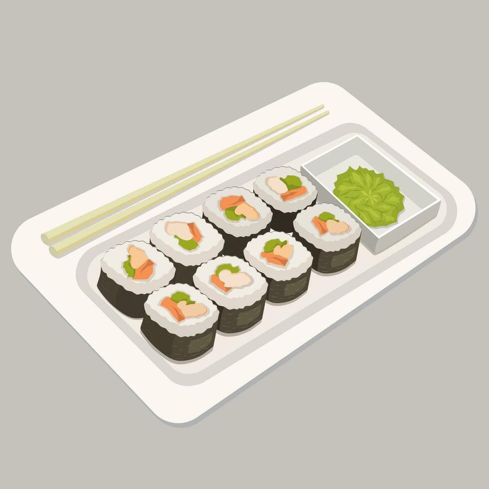 Sushi, japonés alimento. dibujos animados aislado plato con palillos y rollos con arroz, salmón, wasabi en Sushi bar o Japón restaurante vector