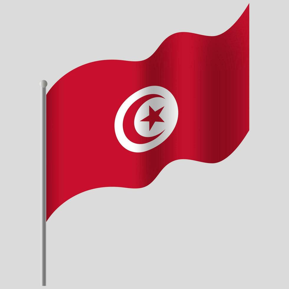 Waved Tunisia flag. Tunisia flag on flagpole. Vector emblem of Tunisia