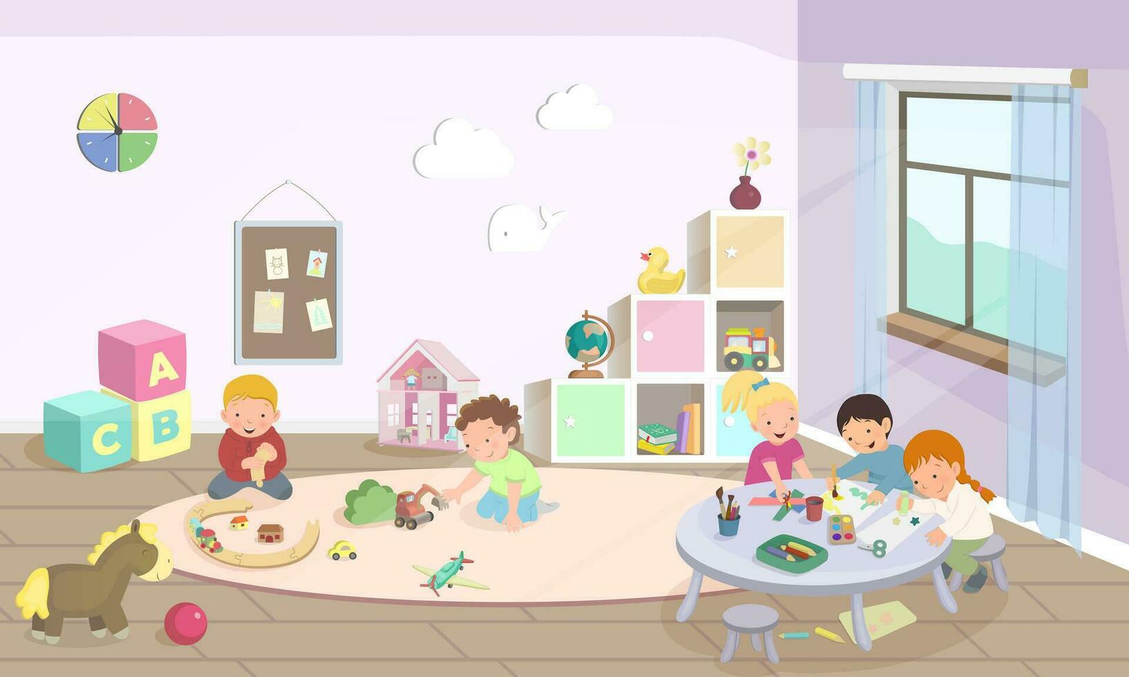 jardín de infancia o preescolar actividades. niños jugando con carros, dibujo y hacer artesanía. dibujos animados manojo, vector ilustración. moderno habitación con muebles, luz de sol desde ventana