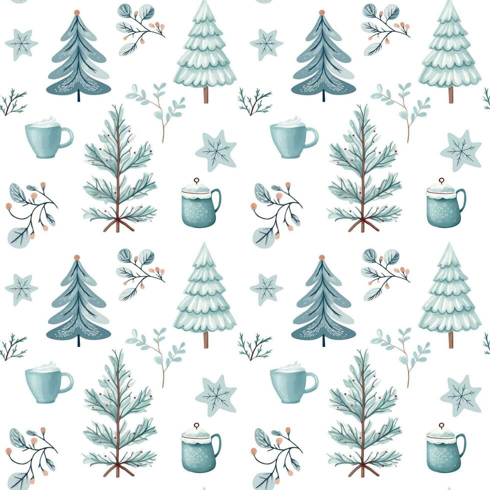 Seamless pattern with doodle snowy trees and cups. Vector christmas elements. Winter background
