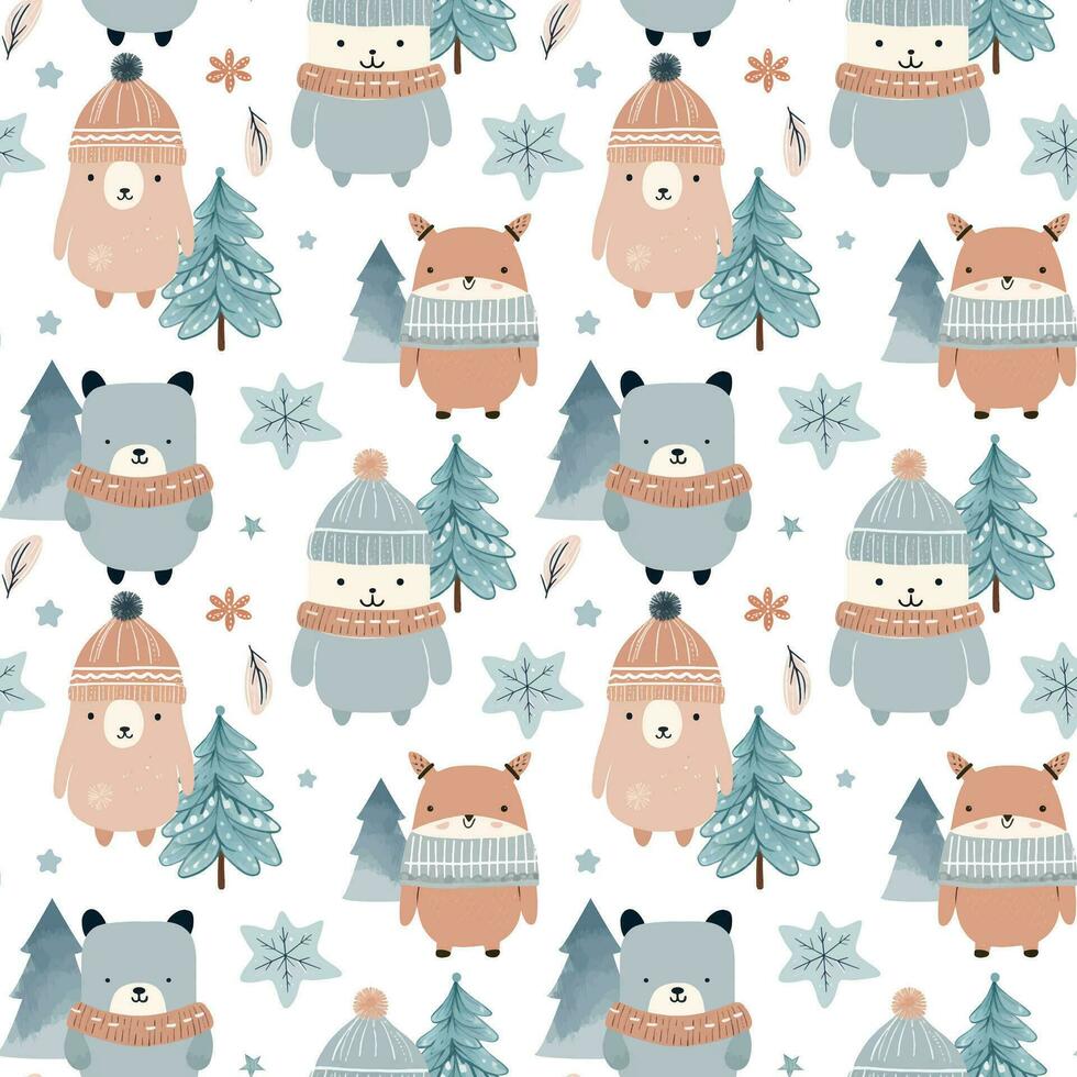 Winter seamless pattern with cute animals. Christmas vector pattern. Hand drawn vector children's print