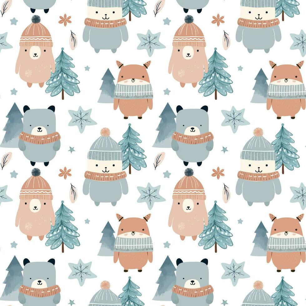 invierno sin costura modelo con linda animales Navidad vector modelo. mano dibujado vector para niños impresión