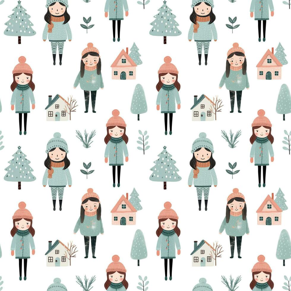 Seamless pattern with doodle girl, house and tree. Vector hand drawn christmas elements. Winter background