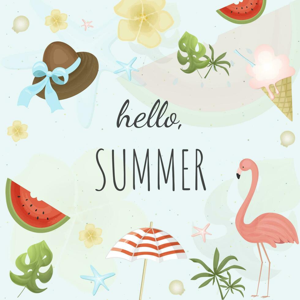 Hola verano bandera, vector ilustración con flamenco, tropical hoja, concha, sandía, sombrilla, flores estacional tarjeta, póster