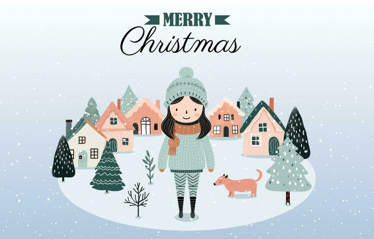 Hand drawn winter banner with girl, snowy trees, houses. Christmas design, background, poster. Wintry scenes. vector