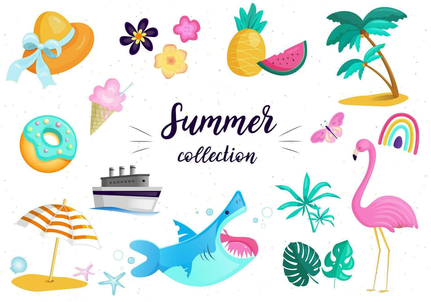 Set of cute summer elements, palm tree, beach umbrella, tropical flowers, flamingo. Perfect for summertime poster, card, scrapbooking, invitation. vector