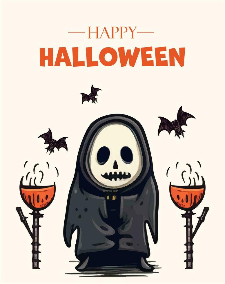 Happy Halloween poster with pumpkin, ghost, scull, spiderweb. Vector illustration. Place for text. Brochure frame