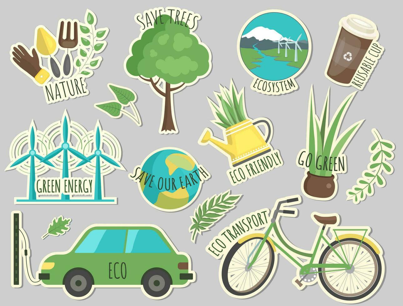 Ecology stickers. Collection of ecology stickers with slogans. Love our earth, save energy. Eco labels. Care for nature vector