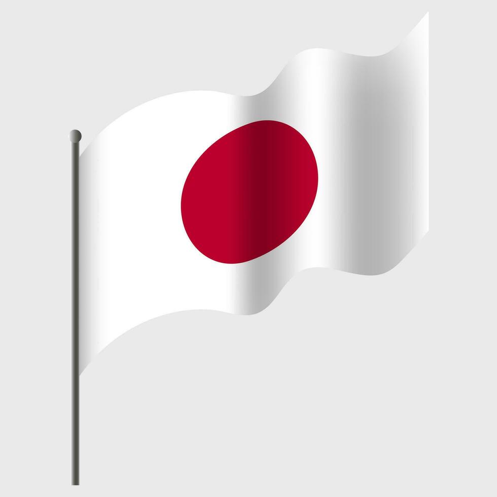 Waved Japan flag. Japanese flag on flagpole. Vector emblem of Japan