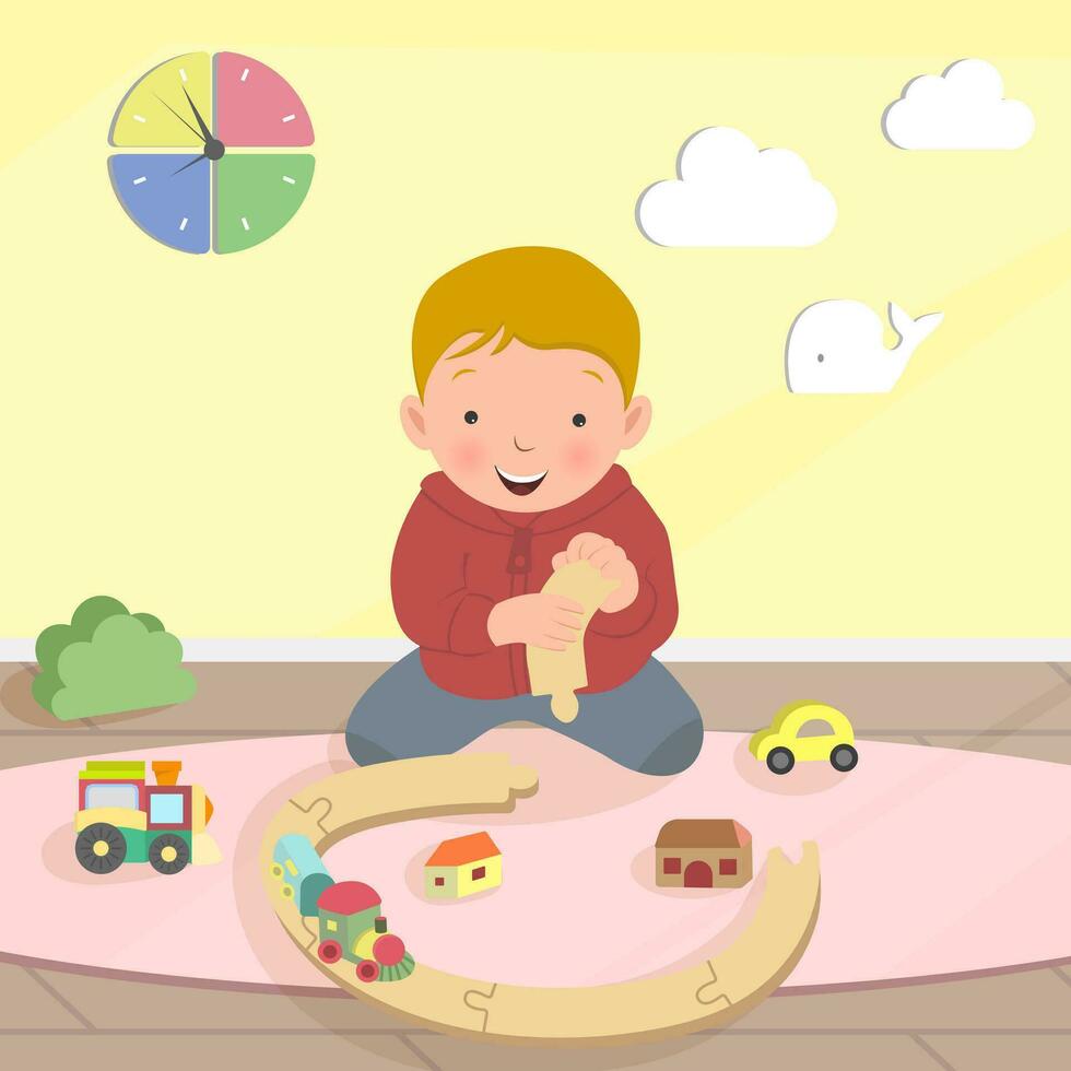 Cute boy sitting on floor and playing with cars, train, railroad. Child in kindergarten. Cartoon vector illustration