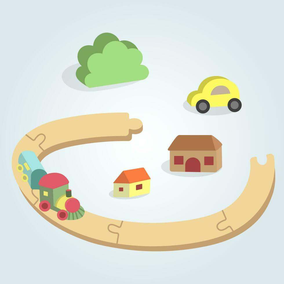 Vector railway cartoon. Illustration of a cute toys, train, car, houses, bush. Children toys