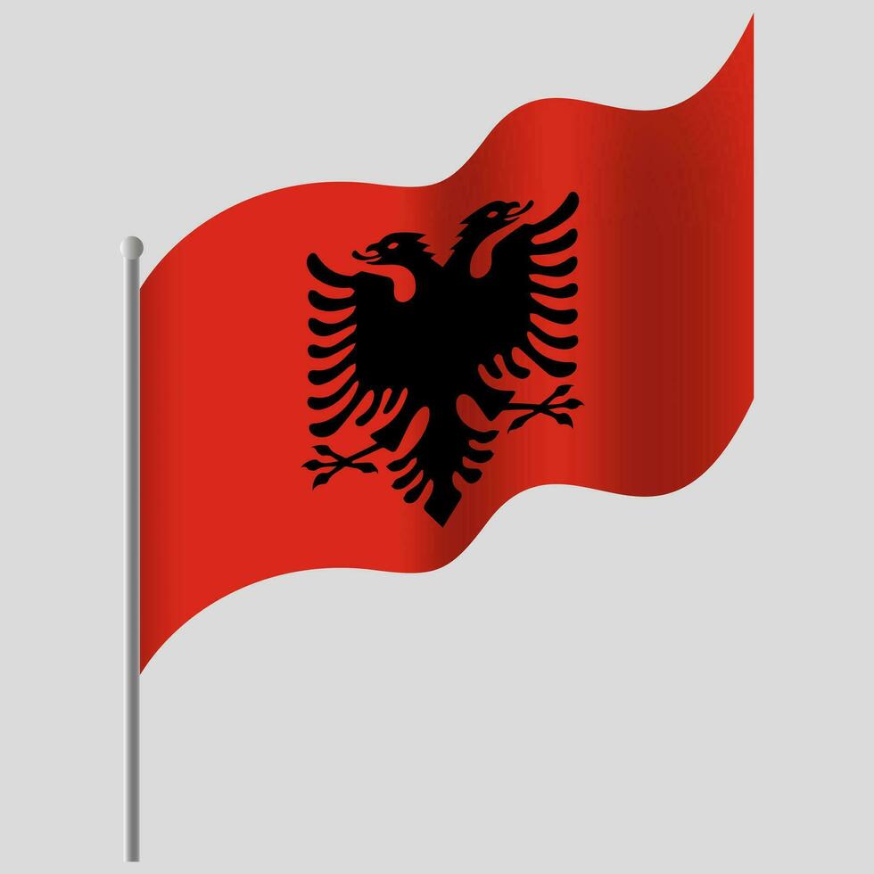 Waved Albania flag. Albania flag on flagpole. Vector emblem of Albania