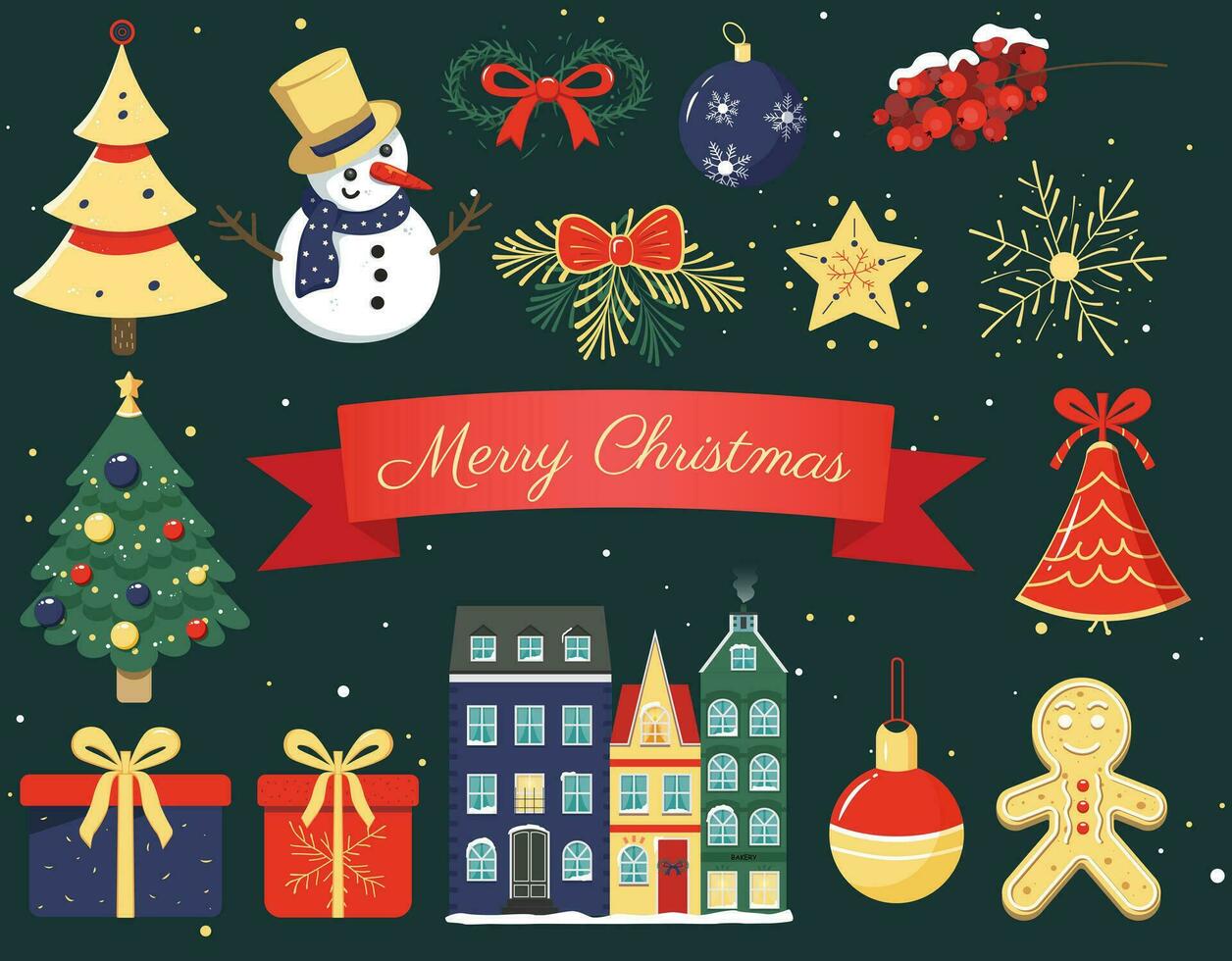Navidad colección de estacional elementos con muñeco de nieve, Navidad árboles, regalo, scandi casas vector invierno diseño.